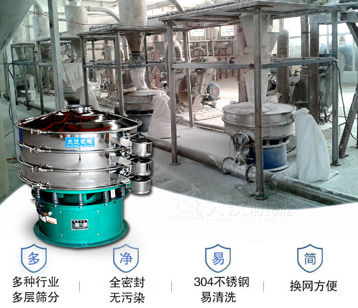 多種行業多層篩分采用全密封結構，無污染。304不銹鋼材質易清洗。同時換網方便。
